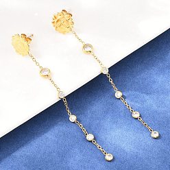 Настоящее золото 18K 304 серьги-гвоздики с кисточками из нержавеющей стали с прозрачным кубическим цирконием, солнце, реальный 18 k позолоченный, 87.5x13 мм