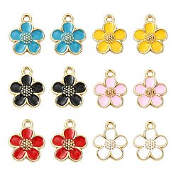 Mixed Color 24Pcs 6 Colors Alloy Enamel Pendants, Flower Charms, Golden, Mixed Color, 16x13.5x2mm, Hole: 1.6mm, 4pcs/color