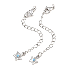 Platinum Brass Curb Chain Extender, End Chains with Lobster Claw Clasps and Cubic Zirconia Charms, Star, Platinum, 73mm, Hole: 2.4mm