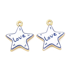 Real 18K Gold Plated Printed Brass Pendants, Star with Word Love Charms, Rack Plating, Long-Lasting Plated, Lead Free & Cadmium Free, Blue, Real 18K Gold Plated, 21.5x18.5x3.5mm, Hole: 1.7mm