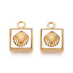 Белые Ракушки 304 квадрат из натуральной белой ракушки из нержавеющей стали с подвесками в форме ракушки, реальный 14 k позолоченный, ионное покрытие (ip), 14.5x10.5x3.5 мм, отверстие : 2.2 мм