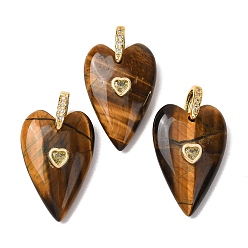 Tiger Eye Natural Tiger Eye Pendants, Heart, Golden, 30x20x9~9.5mm, Hole: 6x6.5mm