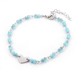 Light Sky Blue Glass Beads Charm Anklets, with Metal Findings, Rondelle and Heart, Light Sky Blue, 9-1/2 inch(24cm), 4~4.5mm