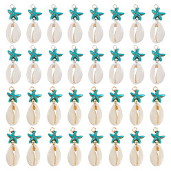 (52) Непрозрачная лаванда 40шт. 2 цвета подвески в виде морской звезды из натуральной ракушки каури и синтетической бирюзы, подвески в форме ракушки с латунными бусинами, бирюзового цвета, разноцветные, 42x14x7 мм, отверстие : 2.5 мм, 20 шт / цвет