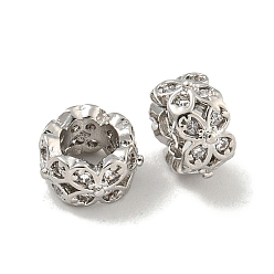 Platinum Rack Plating Brass Micro Pave Clear Cubic Zirconia European Beads, Large Hole Beads, Long-Lasting Plated, Lead Free & Cadmium Free, Rondelle with Flower, Platinum, 7.8x4mm, Hole: 4mm