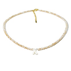 Letter K Natural White Shell Letter Faceted Glass Beaded Necklaces with 304 Stainless Steel End Chains, Real 18K Gold Plated, Floral White, Letter K, 14.96 inch(38cm)