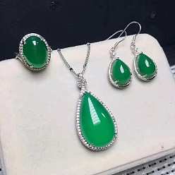 Зеленый 925 ожерелья, серьги и кольца из стерлингового серебра с микропаве из прозрачных кубических цирконий и натуральным халцедоном, платина, овальные, зелёные, 400 мм