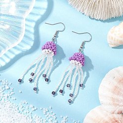 Средний Фиолетовый Серьги-подвески в виде медузы из стеклянного бисера с акриловыми бусинами и стеклянными жемчужинами круглой формы, с 304 нержавеющей стали серьги крючки, средне фиолетовый, 73x15 мм