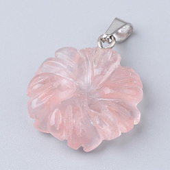 Cherry Quartz Glass Cherry Quartz Glass Pendants, with Brass Findings, Flower, 20~22x17~19x5~6mm, Hole: 2x6mm