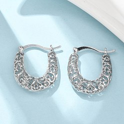 Платинированный Латунь обруч серьги для женщин, овальные, Реальная платина, 26x23x6 мм