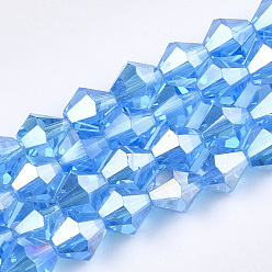 Deep Sky Blue Electroplate Glass Beads Strands, AB Color Plated, Faceted, Bicone, Deep Sky Blue, 6x5.5~6mm, Hole: 1mm, about 47~48pcs/strand, 10.83 inch(27.5cm)
