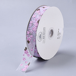 Lavender Flower Pattern Printed Polyester Organza Ribbons, Lavender, 1 inch(25mm), about 100yards/roll