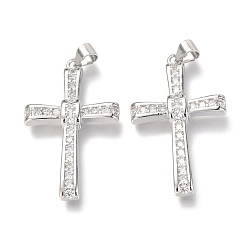Платинированный Кулоны из латуни с прозрачным кубическим цирконием, крестик, Реальная платина, 34x20x4 мм, отверстие : 3 мм