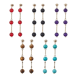 Mixed Stone Natural & Synthetic Mixed Gemstone Dangle Stud Earrings, Golden 304 Stainless Steel Tassel Earrings, 66~68x8~8.5mm
