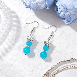 Бирюза Серьги-подвески из искусственного нефрита, окрашенные методом запекания, корона с круглым, с экологически чистым окрашенным стеклянным перламутром и сплавом, бирюзовые, 50.5x10.5 мм