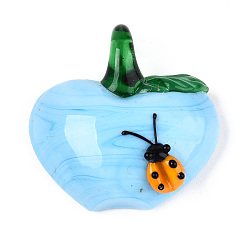 Светло-Голубой Подвески лэмпворк ручной работы, яблоко и божья коровка, Небесно-голубой, 34~35x33~34x11~13 мм, отверстие : 6~7x5~6 мм