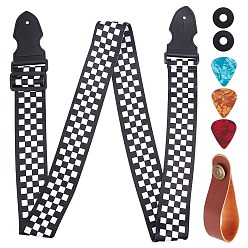 Tartan 1 Set Guitar Accessory Set, with Polyester & PU Leather Strap, Microfiber & Iron Neck Strap, Silicone Strap Buckle, Plastic Guitar Picks, Tartan, 80~137cm, 50mm, 7pcs/set
