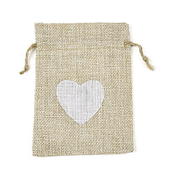 пшеница Мешковины упаковочные пакеты, шнурок сумки, прямоугольник с напечатанным белым сердцем, цвет пшеницы, 13.5~14.5x9.5~10.5 см