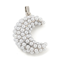 Луна Покрытие стойки, подвески из латуни и АБС-пластика с имитацией жемчуга, без кадмия и без свинца, долговечный, платина, луна, 28x21x9.5 мм, отверстие : 5.5x3.5 мм