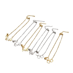 Mixed Patterns 304 Stainless Steel Charm Anklet with Satellite Chains for Women, Mixed Patterns, Pendant: 8~13x10~10.5x0.7mm, 8-5/8 inch(22cm)
