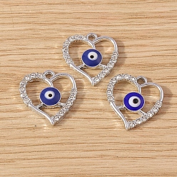 Heart Alloy Enamel Pendants, with Rhinestone, Evil Eye Charm, Platinum, Heart, 18x16mm, 10pcs/set