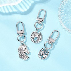 Античный Серебристый & Платиновый 3шт. подвески в виде подковы и лошади из сплава в тибетском стиле, с поворотными застежками сплава, старинное серебро и платина, 51.5~62.5 мм