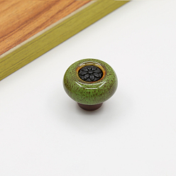 Желто-Зеленый Дверные ручки шкафа из цинкового сплава, кухонный ящик тянет ручки шкафа, плоский круглый с цветочным и леопардовым принтом, желто-зеленый, 32x26 мм