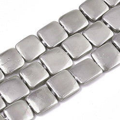 Light Grey Spray Painted Shell Pearl Beads Strands, Square, Light Grey, 12~14x12~13x3mm, Hole: 0.8mm, about 28pcs/strand, 14.37 inch(36.5cm)
