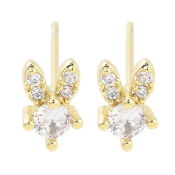 Настоящее золото 18K Серьга-гвоздик из латуни с прозрачным фианитом и паве, кролик, реальный 18 k позолоченный, 7x4.5 мм