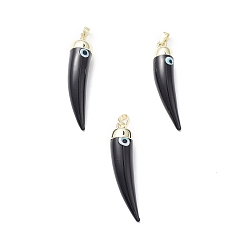 Черный Ручной зла подвески бусины глаз, с реечным покрытием латунной фурнитурой цвета светлого золота, долговечный, без свинца и без кадмия, рог очарование, чёрные, 43~46x9~11x10~11 мм, отверстие : 7x4 мм