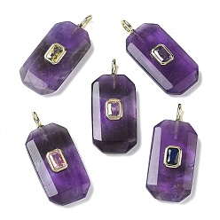 Аметист Граненые подвески из натурального аметиста, прямоугольные подвески с латунной микропаве кубическими цирконами случайных цветов, золотые, 34.5x15x6 мм, отверстие : 4x2 мм