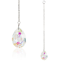 Teardrop 1прозрачные стеклянные подвесные вешалки для окон, с железной цепью, для украшения сада на открытом воздухе, ясно AB, платина, слеза, 282 мм, Кулон : 48x32.5x15 мм