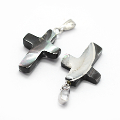 Платина Подвески из раковины, с латунной фурнитурой , крестик, окрашенные, платина, 23~25x14~15x3~5 мм, отверстие : 2x5 мм
