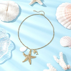 Золотой Летний пляж 304 Женские подвески-капли из нержавеющей стали в виде морских звезд, дельфинов и натуральных пресноводных ракушек, белые, золотые, 16.38 дюйм (41.6 см)