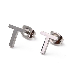 Letter T Tarnish Resistant 304 Stainless Steel Greek Alphabet Stud Earrings, Manual Polishing, Letter.T, 7~11x2~10x1.5mm, Pin: 0.8mm