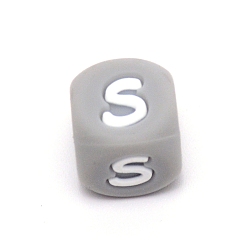 Letter S Silicone Alphabet Beads for Bracelet or Necklace Making, Letter Style, Gray Cube, Letter.S, 12x12x12mm, Hole: 3mm