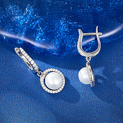 Platino Pendiente de aro de plata de ley chapada en rodio para mujer, con dijes colgantes de perlas, Platino, 925 mm