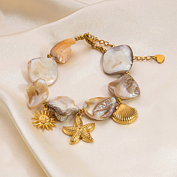 Золотой 304 из нержавеющей стали шарм браслеты, браслеты из натуральных ракушек для женщин, золотые, 6-3/4 дюйм (17 см)