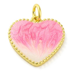 Бледно-Розовый Латунь эмаль подвески, без кадмия и без свинца, с блестками и кольцом для прыжков, долговечный, реальный 18 k позолоченный, сердце прелести, розовый жемчуг, 15x15x3 мм, отверстие : 3.5 мм