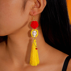 Золотистый Серьги-кисточки из сплава, акрила, смолы, стекла и хлопкового шнура на Хэллоуин, череп, золотые, золотые, 110x25 мм