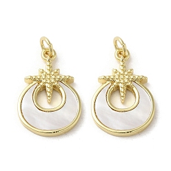 Real 18K Gold Plated Brass Pave Shell Pendants, Flat Round with Star Charms, Real 18K Gold Plated, 21.5x14.5x3mm, Hole: 3.4mm