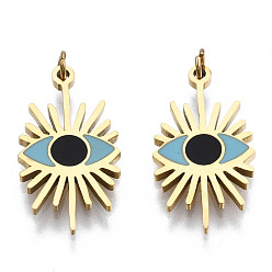 Небесно-голубой 316 хирургические эмалевые подвески из нержавеющей стали, с прыжковых колец, реальный 14 k позолоченный, злые глаза, голубой, 16.5x9x1 мм, Перейти кольцо: 2.7x0.4 мм, 1.9 мм внутренним диаметром