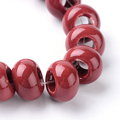 Темно-Красный Фарфоровые бусины ручной работы, яркие глазированный фарфор, рондель, темно-красный, 15~16x9~10 мм, отверстие : 5~6 мм
