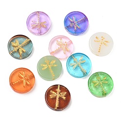 (52) Непрозрачная лаванда Бусины лэмпворк , золотой металл обвитыми, плоские круглые с стрекоза, разноцветные, 17x4.5 мм, отверстие : 1.2 мм