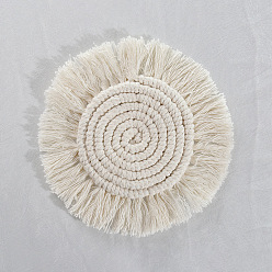 Floral White Cotton Macrame Cup Mats, Handmade Braided Tassel Coaster, Round, Floral White, 180mm