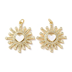Сердце Латунные микропаве прозрачные подвески с фианитом, без кадмия и без свинца, с раковиной и прыгать кольцо, реальный 18 k позолоченный, сердце, 28.5x26x3 мм, отверстие : 3 мм