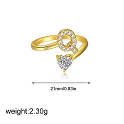 Letter Q Латунные кольца-манжеты с микропаве из прозрачных кубических цирконий, сердце, золотые, Буква Q, 21 мм