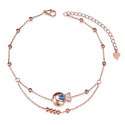 Rose Gold 925 Sterling Silver Link Anklets, with Grade AAA Cubic Zirconia, Fish, Rose Gold, 8-1/4 inch(21cm)