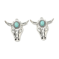 Античное Серебро Богемные синтетические бирюзовые подвески в виде коров, подвески из сплава драгоценных камней в тибетском стиле, античное серебро, 36x35.5x9.5 мм, отверстие : 2.8 мм