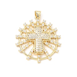 Clear Brass Micro Pave Cubic Zirconia Pendants, Starburst with Cross Charms, Real 16K Gold Plated, Clear, 32x30x5mm, Hole: 3.5x5mm